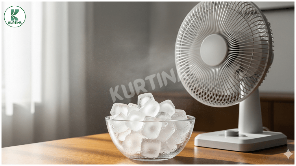 A bowl of ice in front of a fan for a mini “aircon effect.”