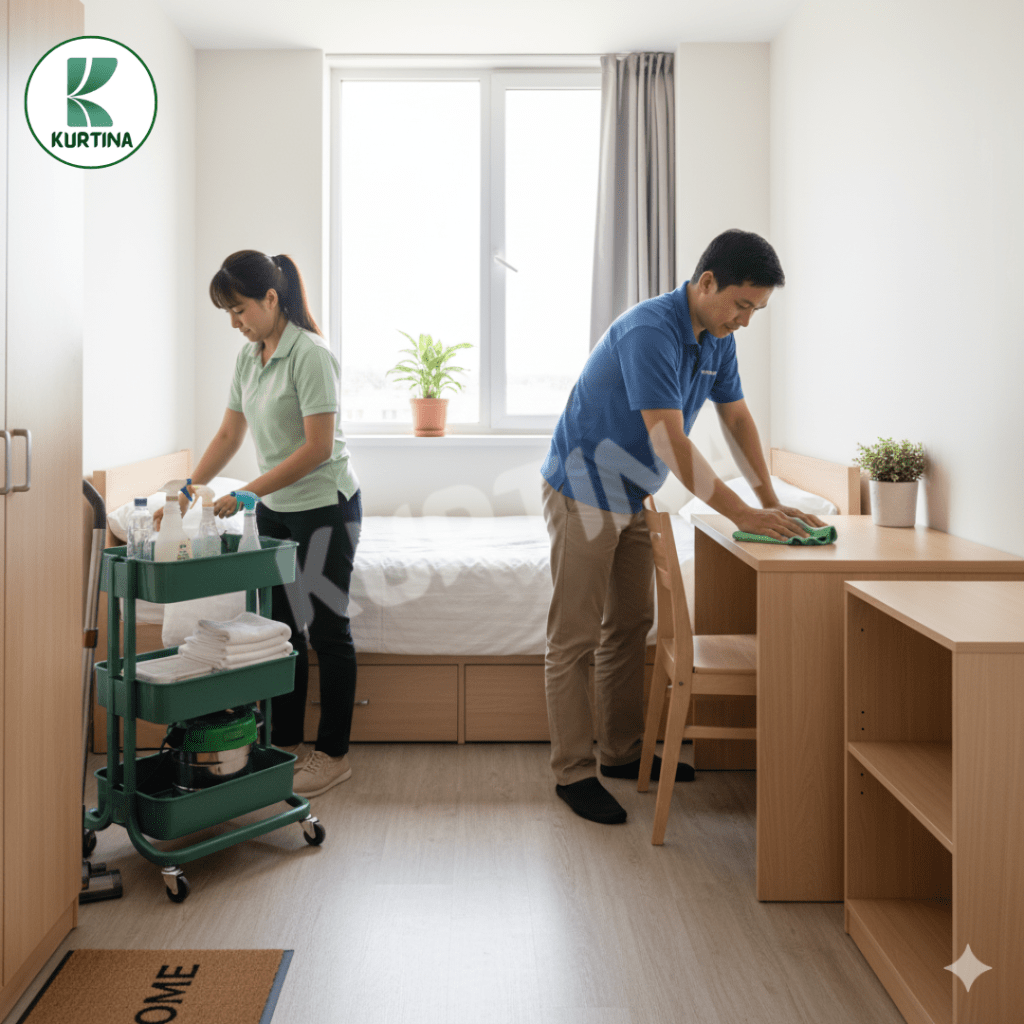 Boarding house room with tidy bed, clean desk, and basic furniture being readied for tenants.