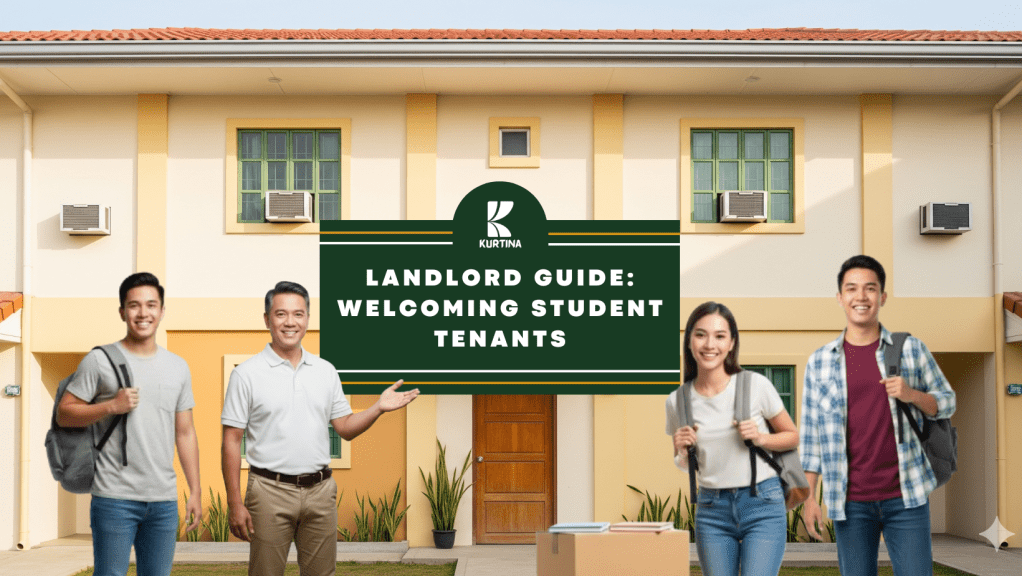 Friendly Filipino community landlord standing in front of a boarding house, welcoming student tenants with backpacks.