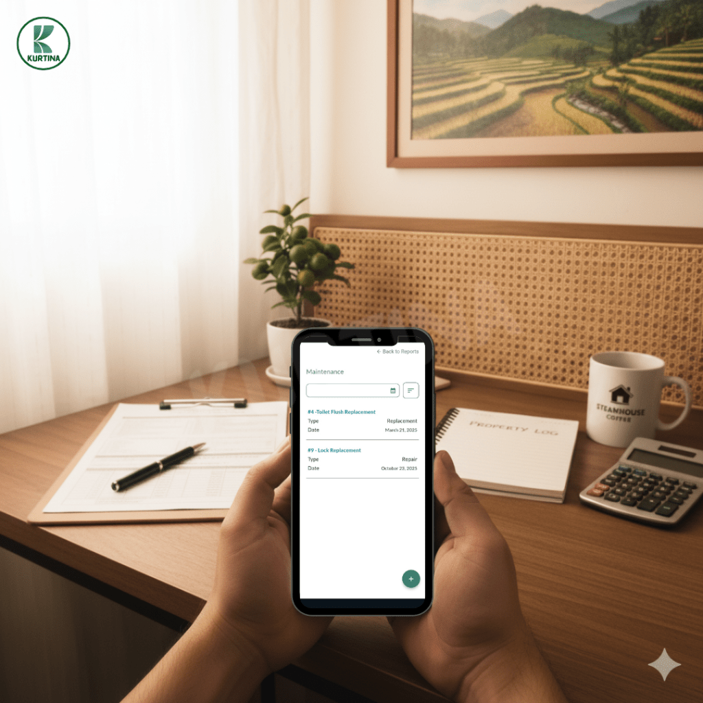 First-person view of a Filipino landlord’s desk with office items. A pair of hands holds a smartphone showing KURTINA’s maintenance reports section.
