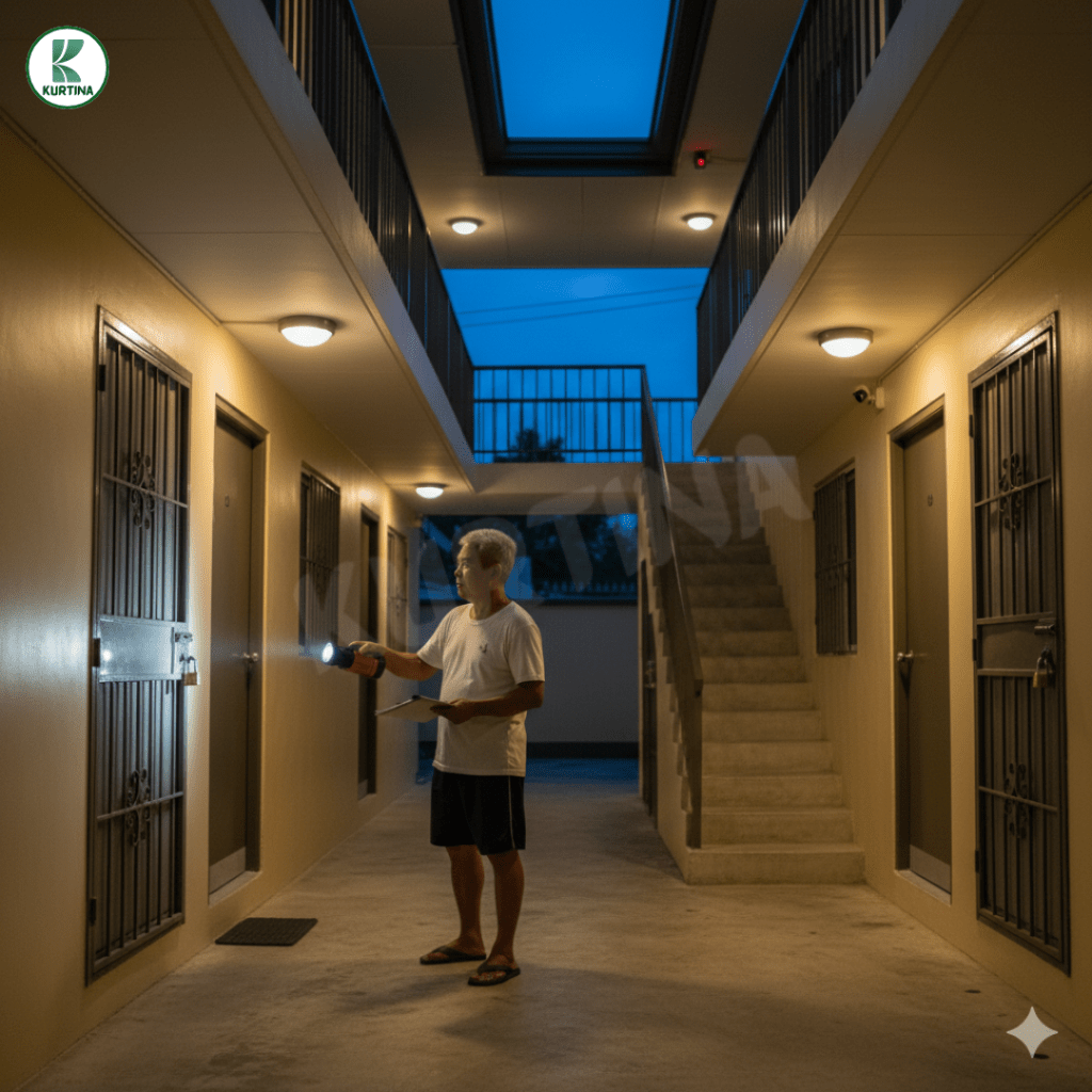 A Filipino landlord inspects padlocks on each boarding house unit using a flashlight and clipboard inside a hallway, ensuring property safety before Undas.