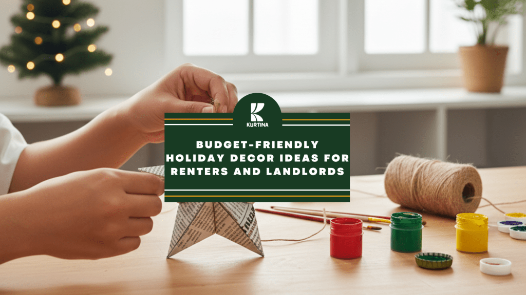 Hands crafting a DIY star-shaped Christmas ornament from sticks and newspaper, surrounded by poster paint, twine, and bottle caps, with a small tabletop tree, window, and potted plant in the background, in a Filipino rented space. Splash/feature image bearing the blog title.