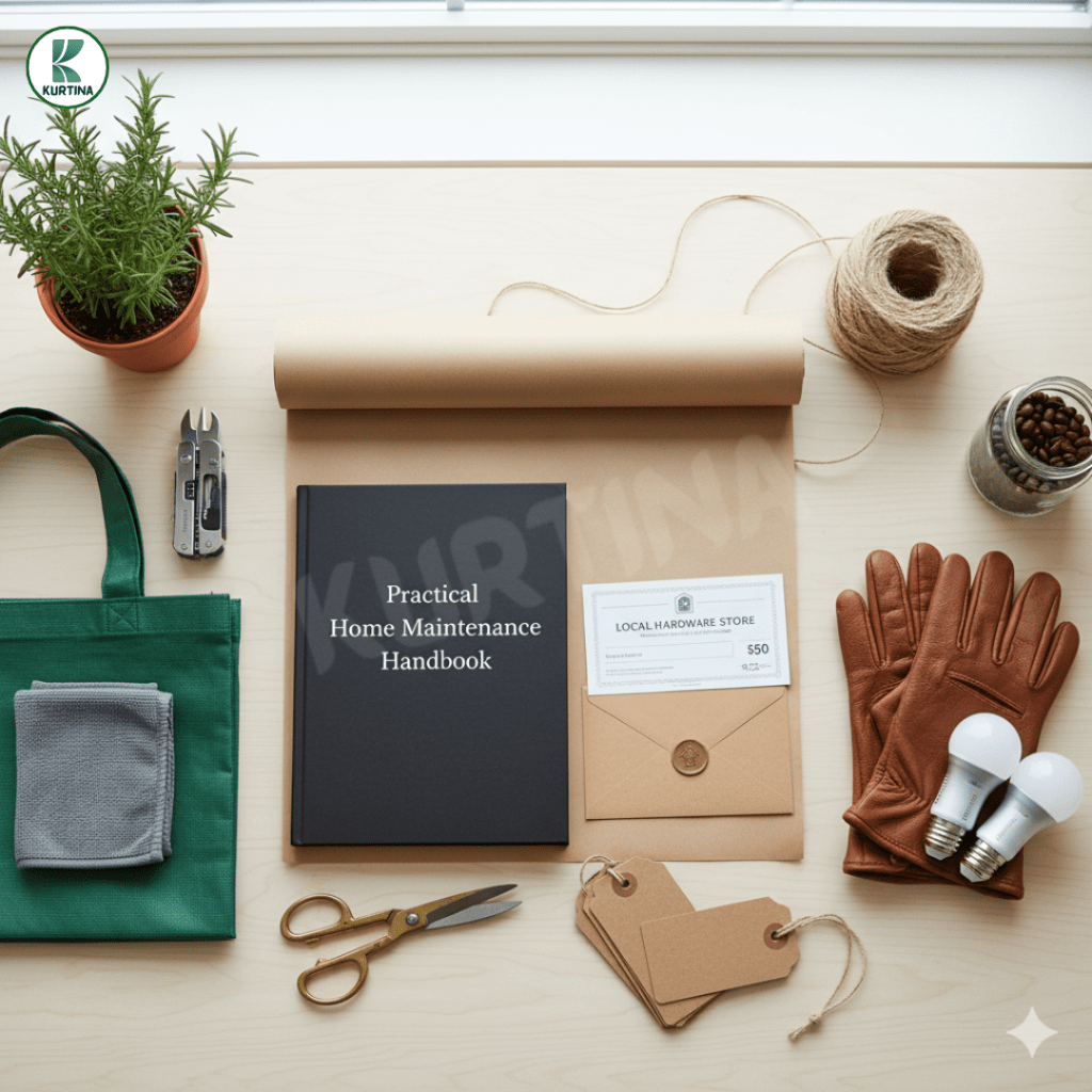 Practical small gift items—work gloves, planner, clippers—being wrapped in brown paper with twine.