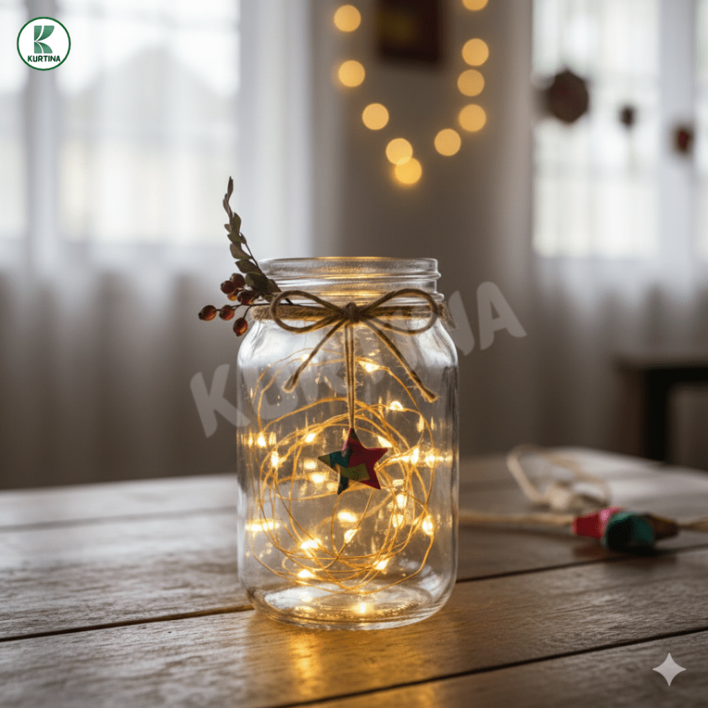DIY Christmas jar lantern with LED/fairy lights for rental spaces.