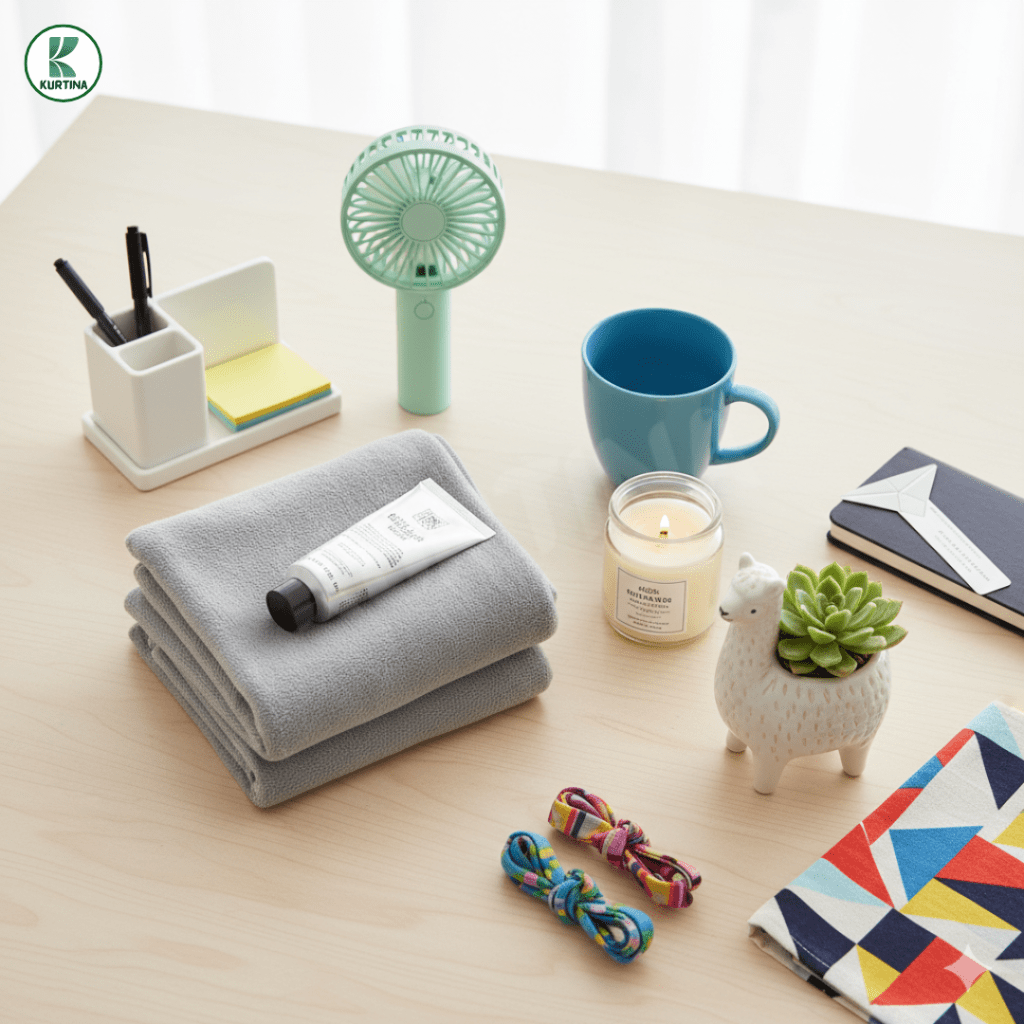 Small gift items for renters, including a desk organizer, notebook, rechargeable hand fan, mug, and shawl.