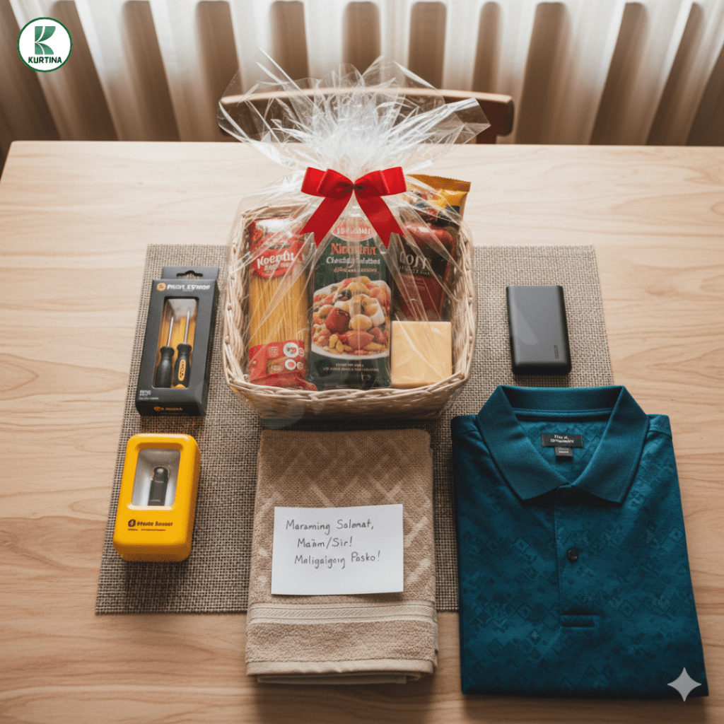 Christmas gift items for landlords, including a gift basket, shirt, power bank, and handyman tools.