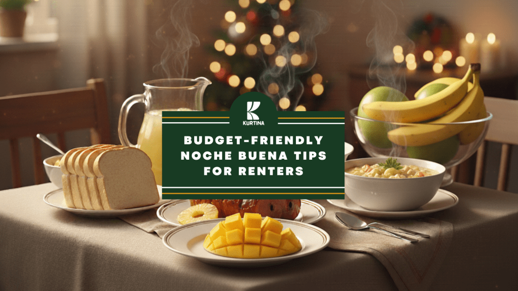 Rental space with a table in the center laden with modest Noche Buena food, shown as a splash image with the blog title.