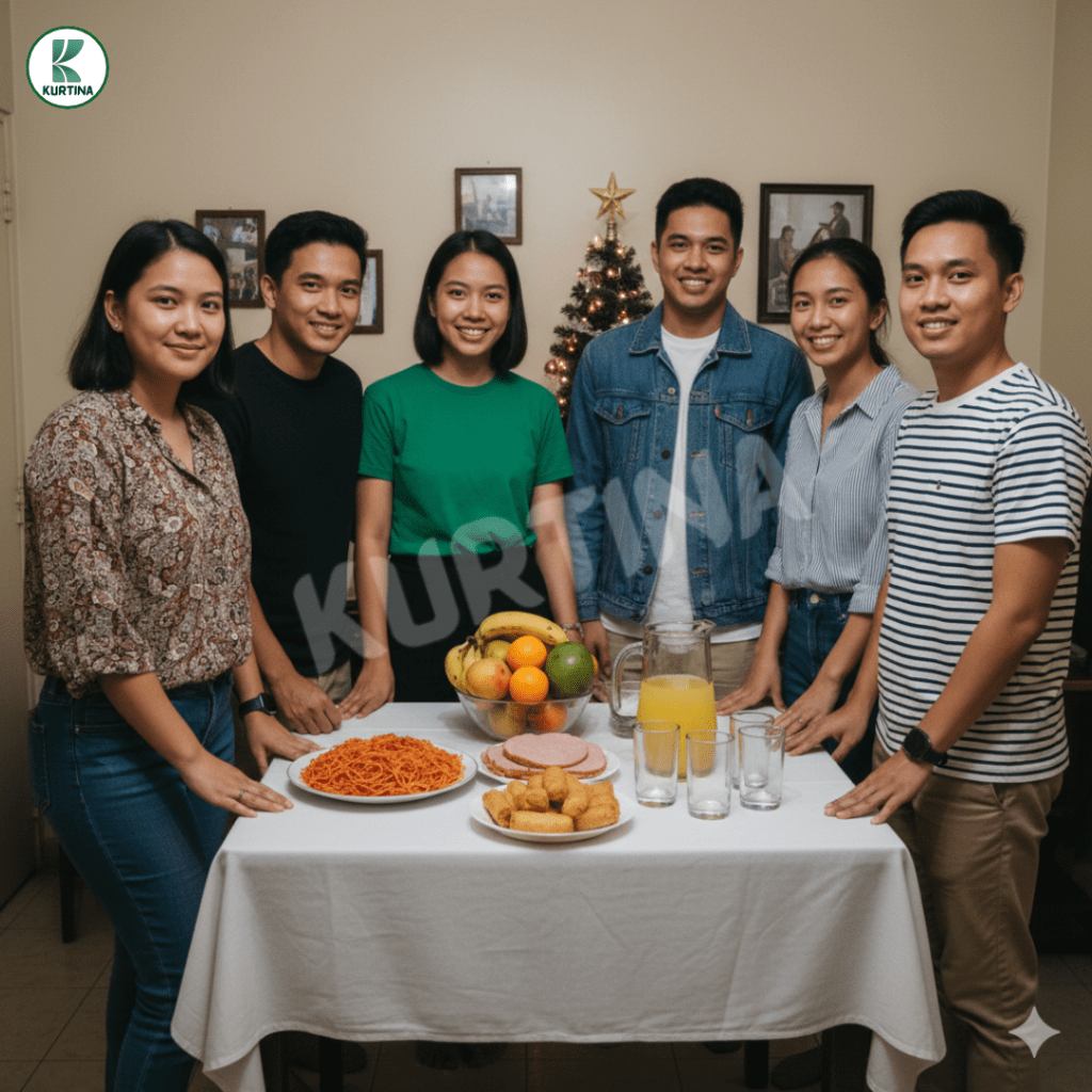 A few Filipino renters sharing a modest Noche Buena with spaghetti, fruit juice, fresh fruits, lumpia, and slices of inexpensive ham.